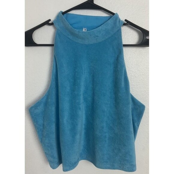 Fabletics Built-In Bra Tank Women Size XXL Mock Light Blue Terrycloth Gym New - Picture 11 of 12